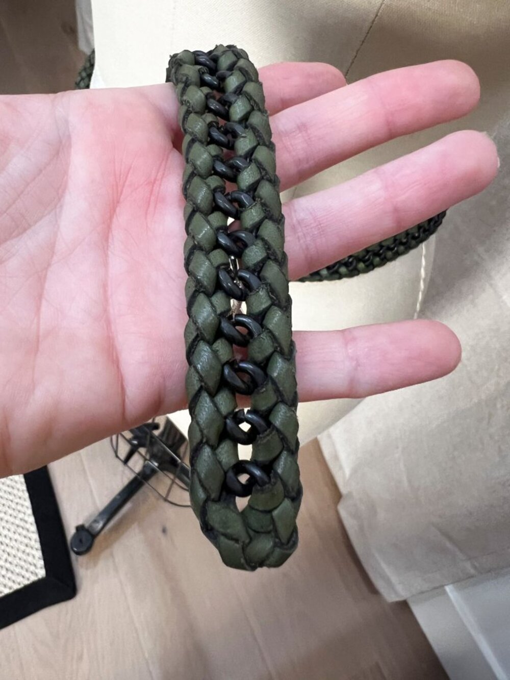 J. Crew Braided Leather Chain 3/4" Narrow Belt Olive M/L - Picture 3 of 3